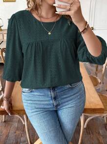Women Casual Jacquard Knit Round Neck Ruched Lantern Sleeve Loose Fit Plus Size T-Shirt, Summer - Teal Blue - View 6