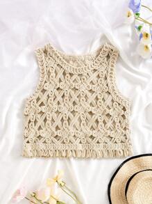 SHEIN Tween Girl Hollow Out Perspective Sleeveless Round Neck Tank Top