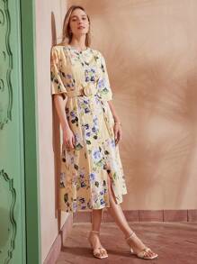 MOTF PREMIUM BLOEMENPRINT GEPLOOIDE JURK MET ENKELE BORST EN VOUWEN