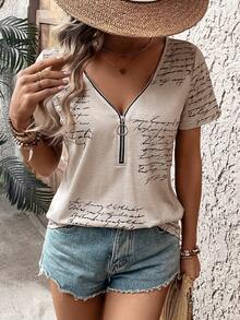 Zayélia Summer Casual Half Zip Short Sleeve Tee With Letter Print And Asymmetrical Floral Cut - Apricot - View 5