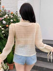 Dazy Designer Women Spring/Summer Casual Shirt With Exquisite Frill Lace Collar And Thin, See-Through Fabric Sheer Long Sleeve Top - Beige - View 5