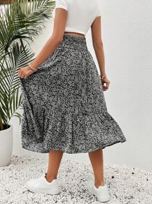 SHEIN 孕妇装碎花褶皱腰飘逸下摆半身裙，适合夏季度假 - 黑色 - 查看 2