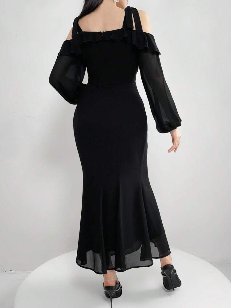 Women Solid Color Cold Shoulder Ruffle Hem Lantern Sleeve Fish-Tail Dress For Spring/Summer