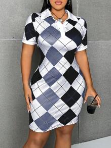 Flirla Plus size dam schackbräde polokrage kortärmad midiklänning - Multifärgad - Visa 1