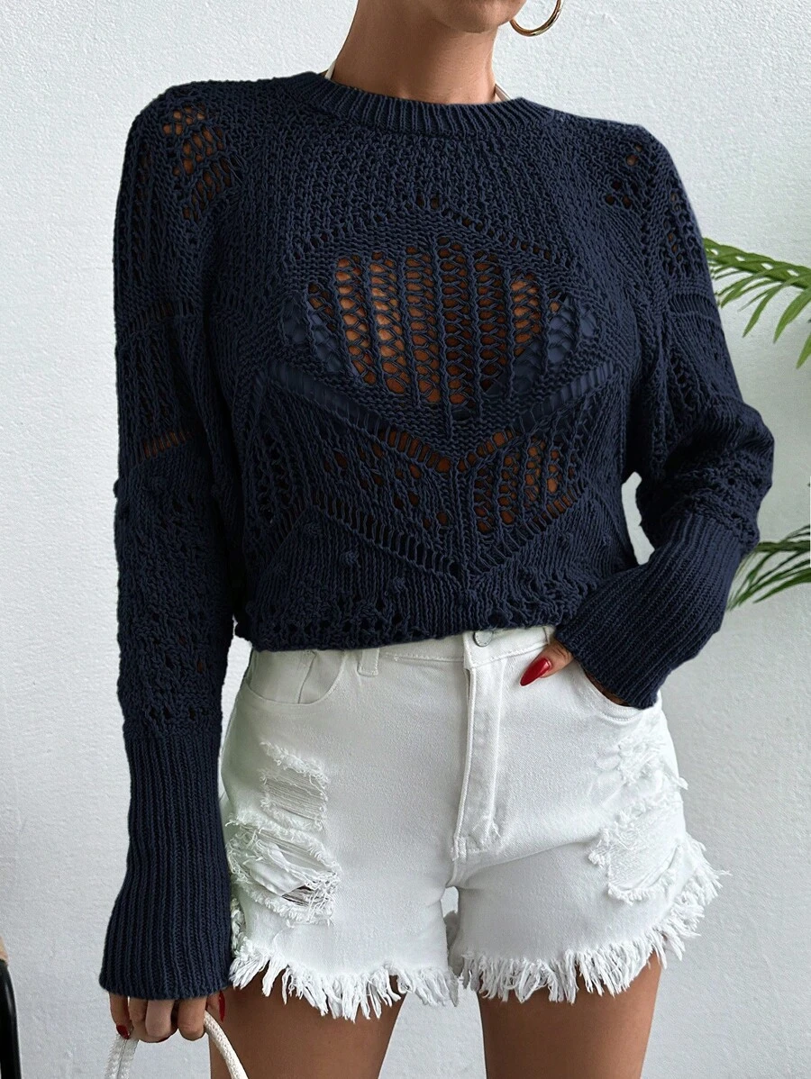 RueChic Suéter liso con manga raglán - Azul Marino - Ver 1