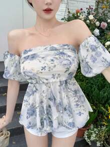 DAZY Blouse à manches courtes pour femmes avec imprimé floral, épaules dénudées, taille cintrée et manches bouffantes, tenue de croisière pour femmes, top babydoll à volants, Top épaules dénudées