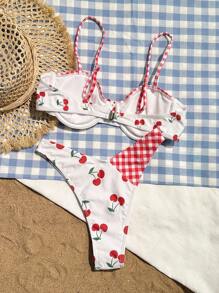 Swim Mod 女士甜美樱桃图案拼布比基尼套装，适合海滩、野餐、度假夏季 - 紅白色 - 查看 2