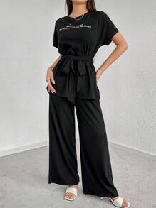 Seusyu Conjunto De Camiseta De Manga Corta Con Cuello Redondo Y Estampado De Letra Para Mujer Con Pantalones Lisos De Color Sólido Y Detalles De Bolsillo