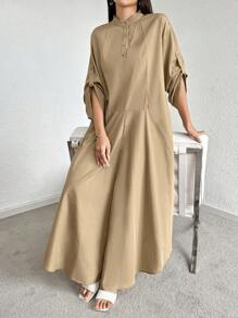 Seusyu فستان نسائي بتصميم بسيط وبألوان موحدة مع حزام للزينة - كاكي - مشاهدة 5