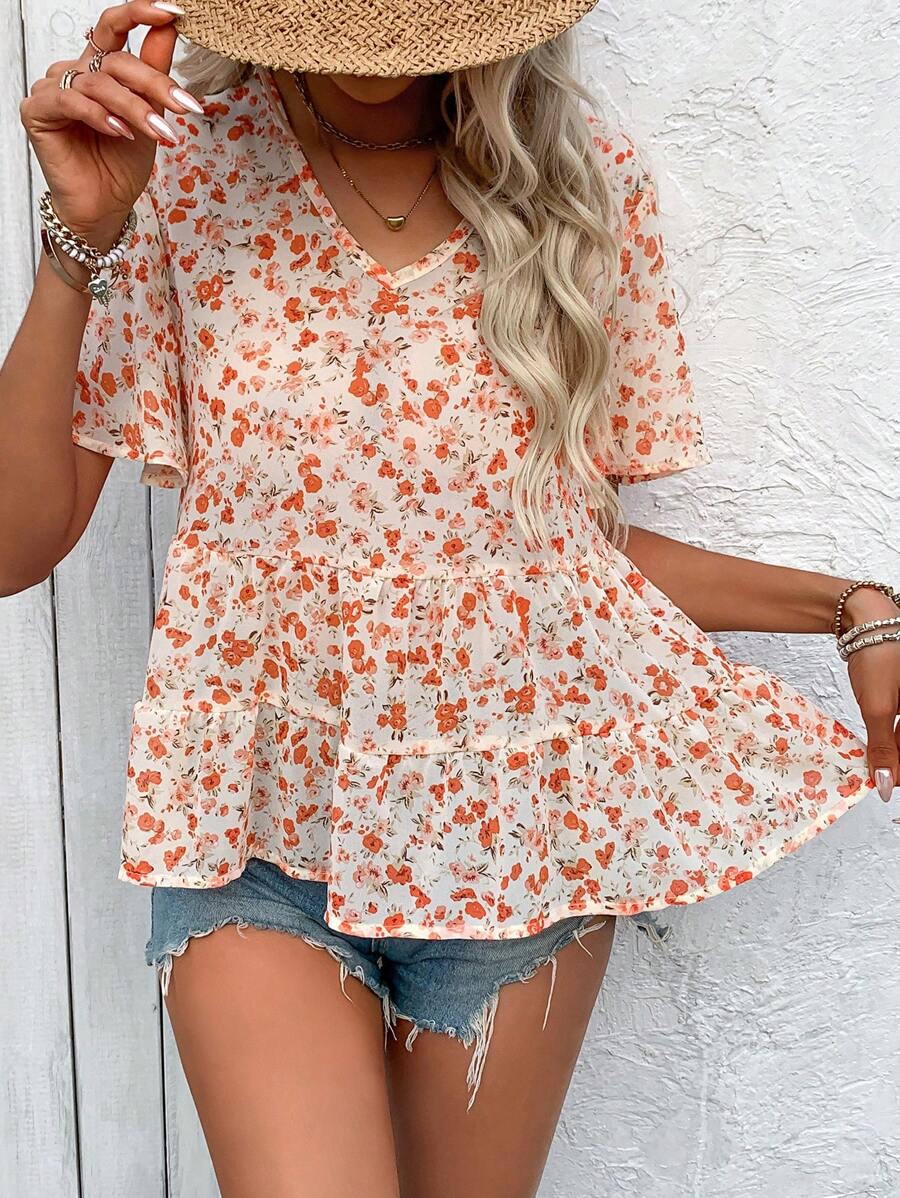 Breezaya Kỳ nghỉ hè Ditsy In hoa Ruffle Hem Áo Peplum Top - Nhiều màu - Xem 1