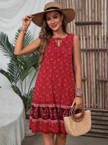 EMERY ROSE Vestido sin mangas con impresión navideña, empalme y borlas en el dobladillo - Multicolor - Ver 6