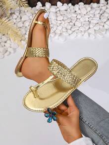 New Fashion Women Flat Sandals With Toe Loop - Gold - View 4