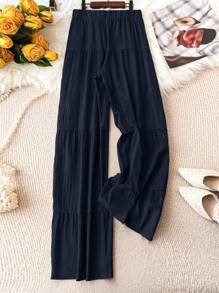 SHEIN Clasi Plus Size Solid Color Casual Daily Straight Pants - Navy Blue - View 2