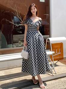 DAZY Đầm dài kẻ caro thắt eo thời trang xuân hè cho nữ - Đen và trắng - Xem 4