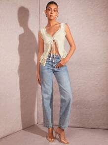 SHEIN BAE 女士花邊蝴蝶結設計分澀潤灑坦克上衣，適用於約會和日常穿著 - 杏色 - 查看 4