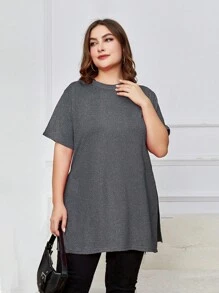 INAWLY 夏季大尺碼純色側開叉短袖T恤 - 灰色 - 查看 6
