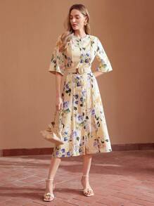 MOTF PREMIUM BLOEMENPRINT GEPLOOIDE JURK MET ENKELE BORST EN VOUWEN