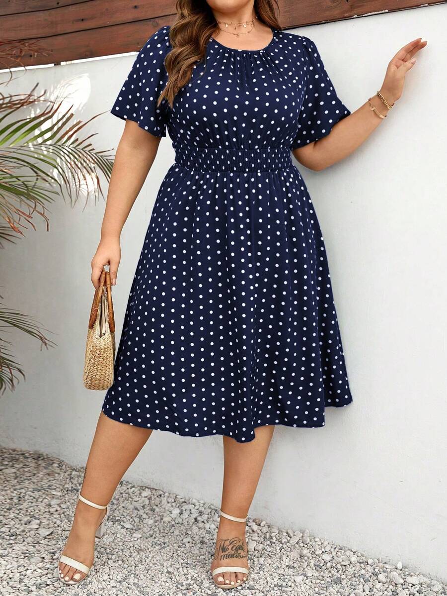 SHEIN Clasi 大码女式波尔卡圆点印花连衣裙女式夏季服装 - 藏蓝色 - 查看 1