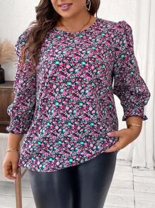 SHEIN Clasi Plus Size Floral Print Round Neck Middle Sleeve Shirt, Fashionable Vacation Matching - Multicolor - View 4