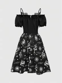 ROMWE Goth Váy trễ vai phối ren hình ngôi sao, mặt trăng, rắn in hình - màu đen - Xem 2