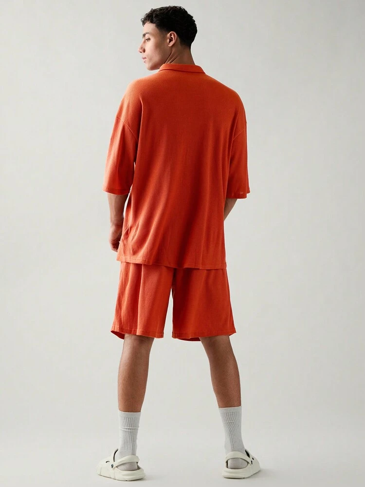 Men Knitted Casual Pocket Patched Summer Polo Shirt & Shorts Set