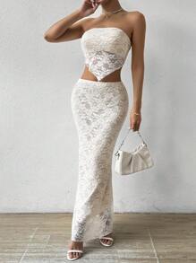 Chiquease Two-Piece Set For Women Summer: Asymmetrical Lace Strapless Top And Fish Tail Skirt