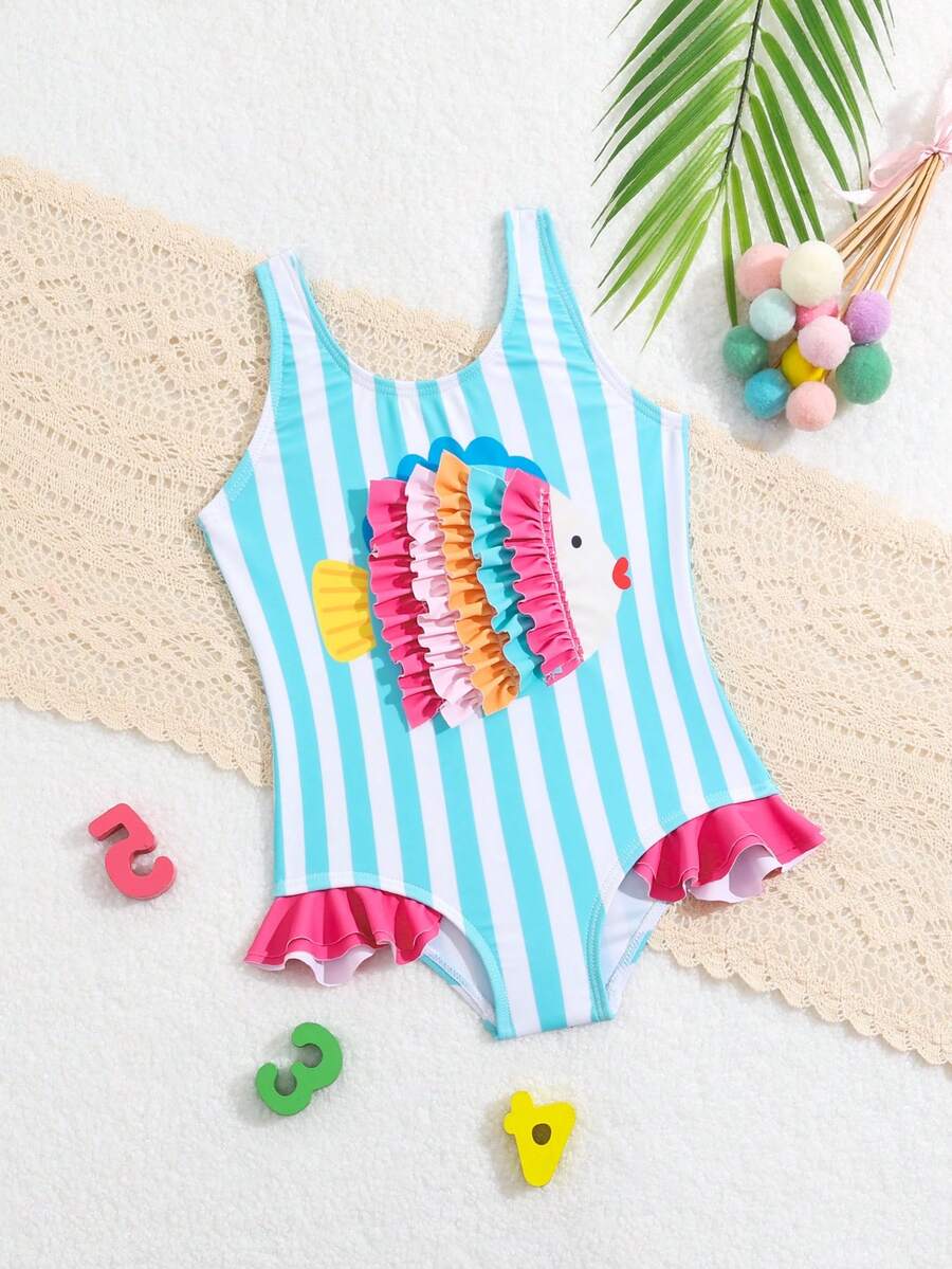 Baby Girl One-Piece Swimsuit With Fish Print And Ruffle Trim For Beach, Summer - Multicolor - View 1