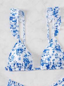 SHEIN Swim 女性印花荷葉邊比基尼套裝附游泳胸罩和底褲，適合海灘度假 - 藍白色 - 查看 4