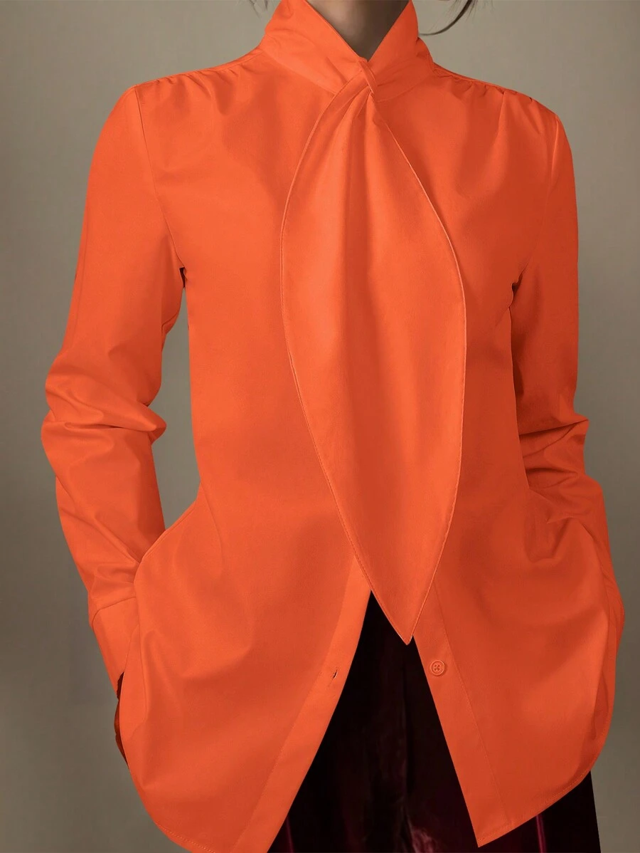 SHEIN Privé Ladies" Solid Color Casual Front-Buttoned Long-Sleeve Spring Work Shirt - Orange - View 1