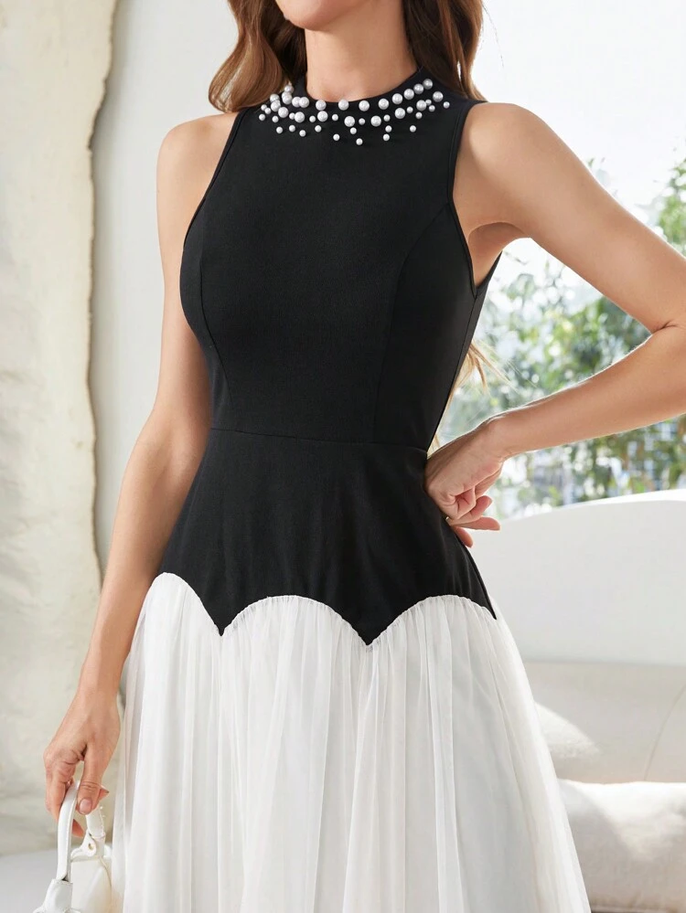 Contrast Color Faux Pearl Studded Waist Shirred Frill Hem Sleeveless Summer Casual Dress