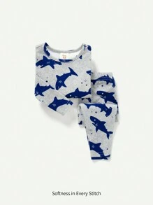 Cozy Pixies 寶寶男孩緊身鯊魚印花圓領上衣和長褲睡衣套裝 - 淺灰色 - 查看 1