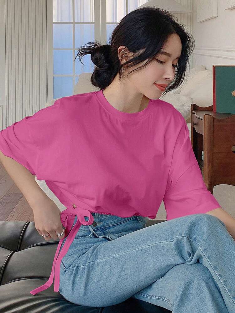 Solid Color Drop Shoulder Drawstring Hem Short Sleeve T-Shirt For Summer Preppy Tops