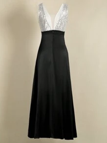 Party Dresses For Women, Bead Mesh Patchwork Satin Sleeveless Long Elegant Evening Dress