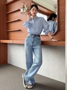 DAZY 休闲商务风格条纹女式长袖落肩衬衫，秋季女装