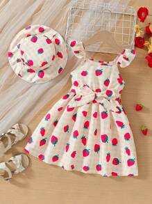 SHEIN Vestido colorido de comprimento médio com impressão de morango de dopamina para meninas jovens, estilo A para o Dia das Crianças no México, verão