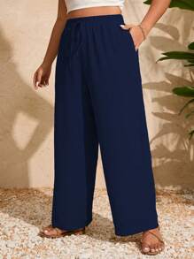 Pantalones holgados de talla grande para mujer con cintura ajustable con cordón y bolsillos en unicolor - Azul Marino - Ver 1