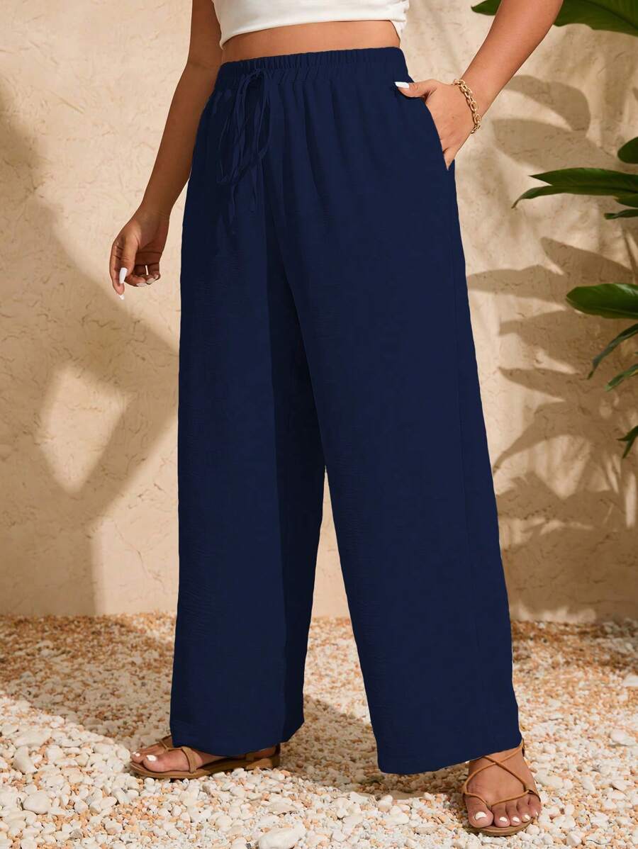 Pantalones holgados de talla grande para mujer con cintura ajustable con cordón y bolsillos en unicolor - Azul Marino - Ver 1