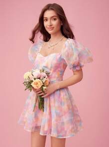 SHEIN X JIMENA & MATEO Enchnt Abito con scollo a cuore e maniche a bolla multicolor tie-dye