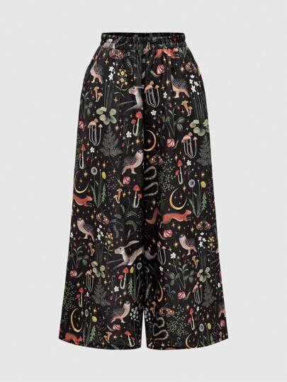 Fairycore سروال بقصة مستقيمة واسع الساق بأسلوب هيبي وخصر مطاطي بحجم كبير مع طبعات حيوانات ونباتات