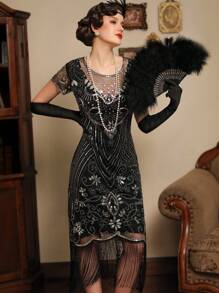 LVNES 1920s Art Deco Fringed Sequin Dress Roaring 20s Flapper Homecoming Dress - Black - View 5