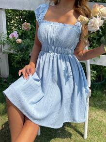 SHEIN Unity 女性時尚純色短袖方領連身裙 - 藍色 - 查看 3