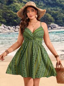Breezaya Plus Size Nữ Mùa hè Cổ chữ V in hoa thông thường Sundress - màu xanh lá - Xem 3