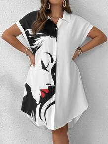 EMERY ROSE Vestido-camisa de manga corta con cuello de botones, con bloqueo de color y vista lateral de labios rojos, talla grande, para el verano