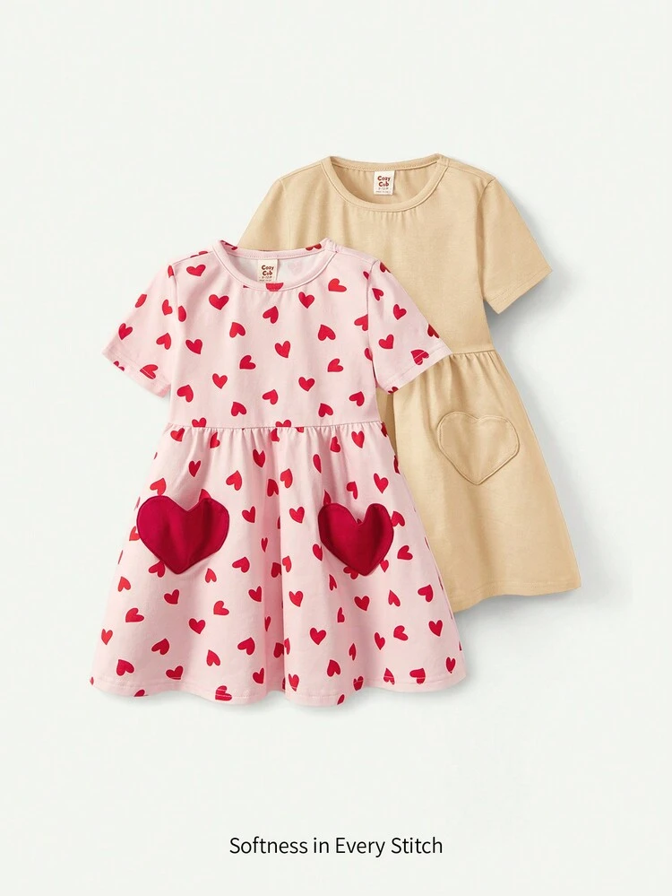 Baby Girl Heart-Shaped Pattern Solid Color Short Sleeve Round Neckline Dress With Belt, 2pcs/Set