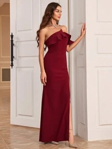 Women Asymmetrical Shoulder Dress With Ruffle Hem, Faux Pearl Chain Decoration, Slim Fit And Side Slit - Burgundy - View 3