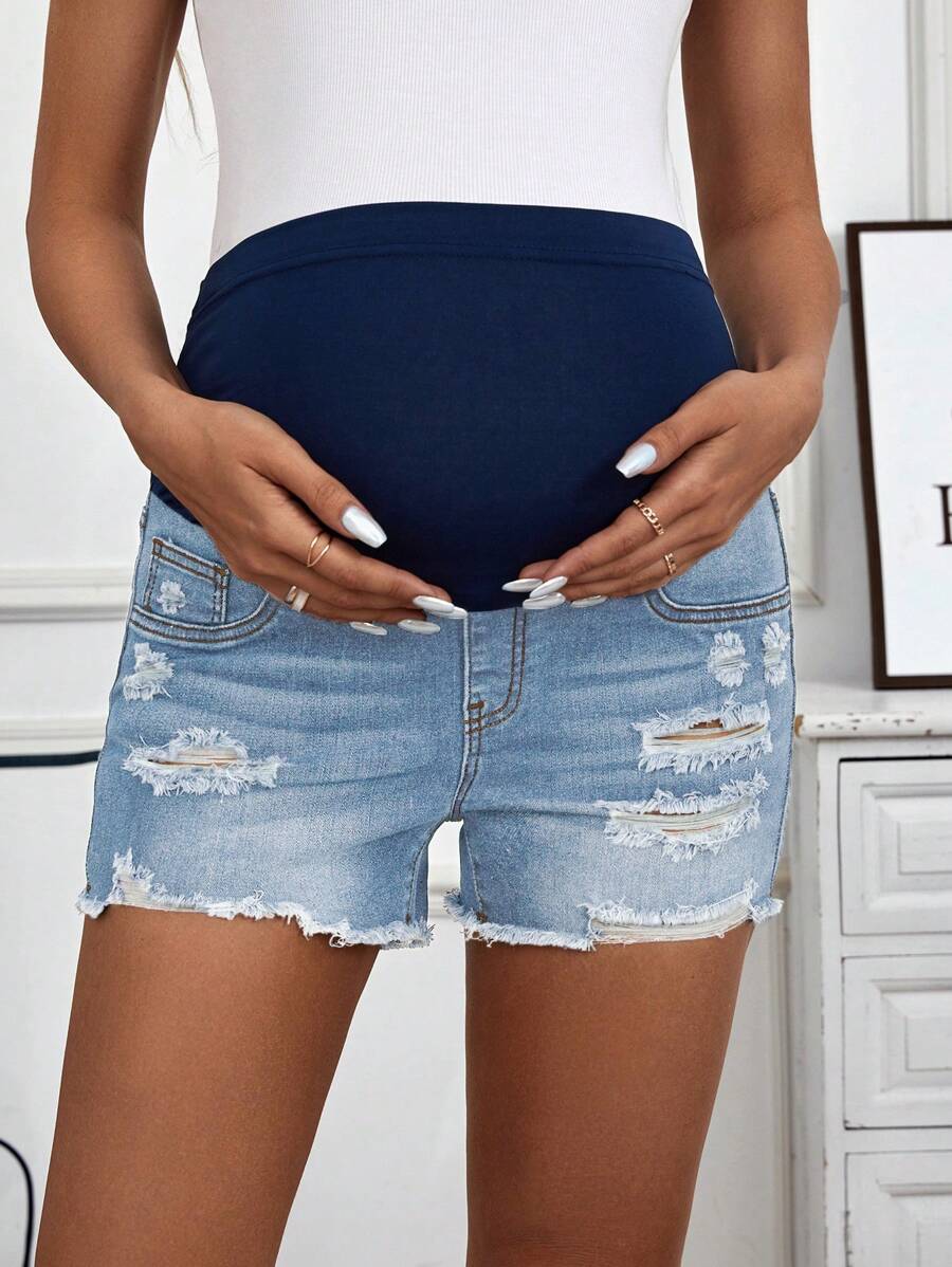 SHEIN Maternity Distressed Denim Shorts - Light Wash - View 1