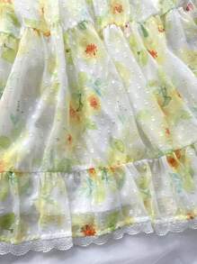 Soleia Romantic Countryside Style Floral Print Splice Lace Hollow Out Waist Halter Neck Tie Sundress, Summer - Multicolor - View 3