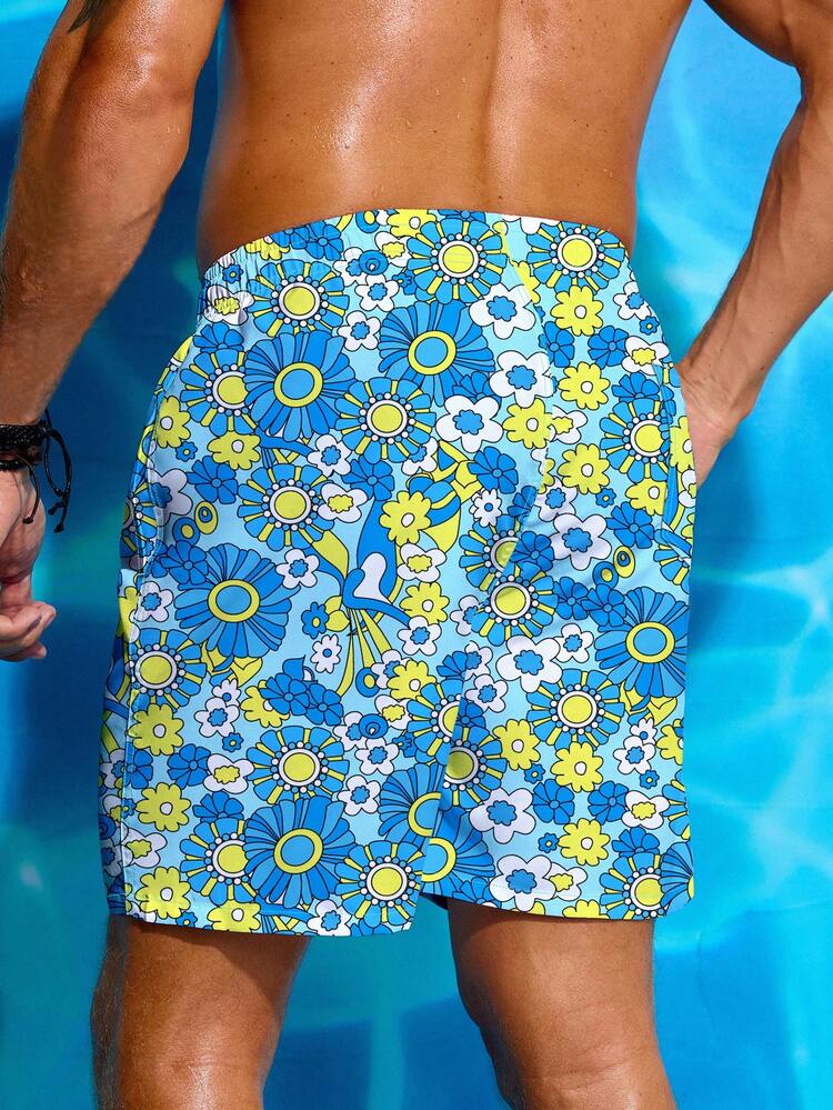 Men Drawstring Waist Flower Print Casual Beach Shorts With Pockets