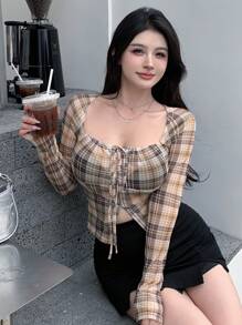 DAZY Women Spring/Summer Square Neck Grid Front Tie Long Sleeve Casual T-Shirt