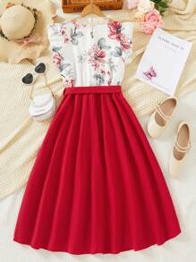 Thiếu niên cô gái Ren In hoa Tay áo hình bướm Thanh lịch Sweetness Đầm - Đỏ - Xem 2